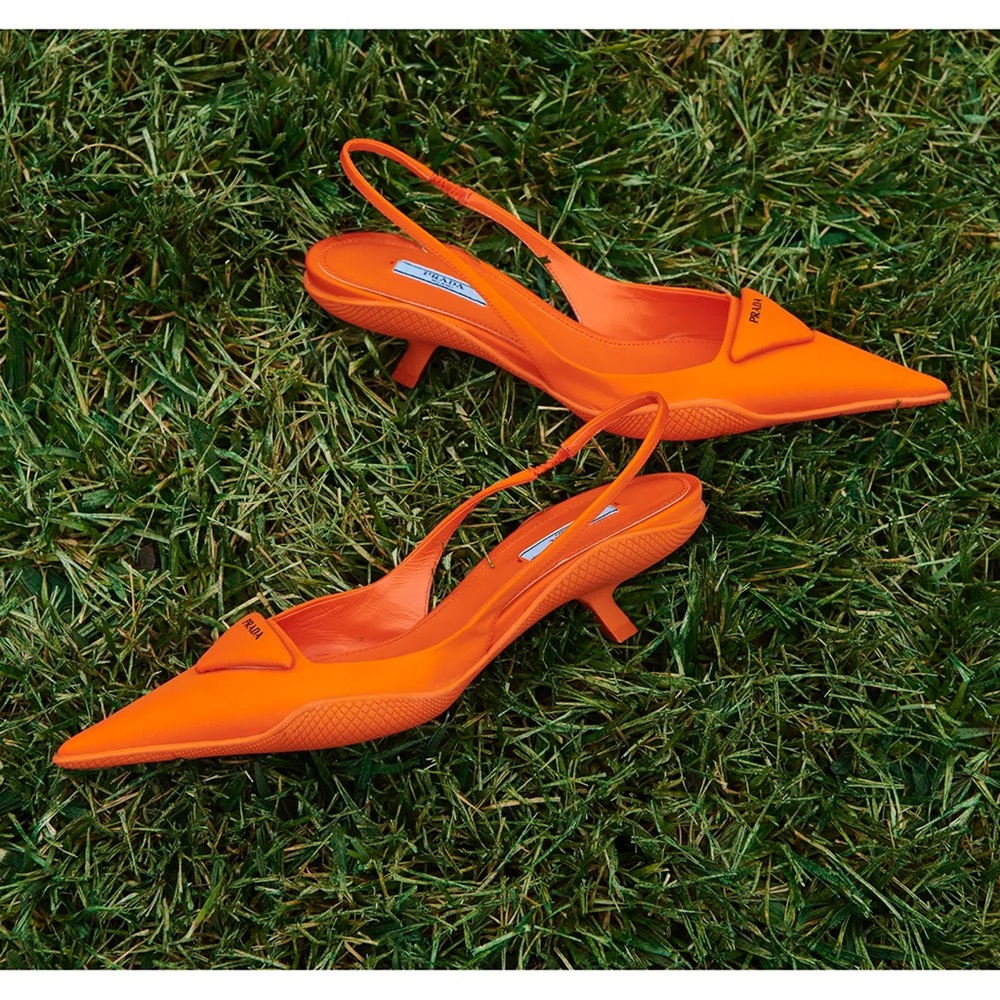Prada Orange Pointed Nylon Slingback Heels - Picture 2 of 7
